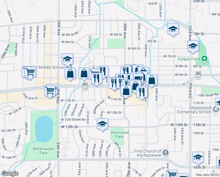 map of restaurants, bars, coffee shops, grocery stores, and more near 2912 West 10th Street in Greeley
