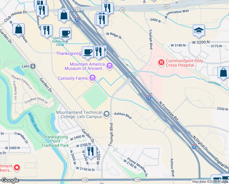 map of restaurants, bars, coffee shops, grocery stores, and more near Crooked St in Lehi