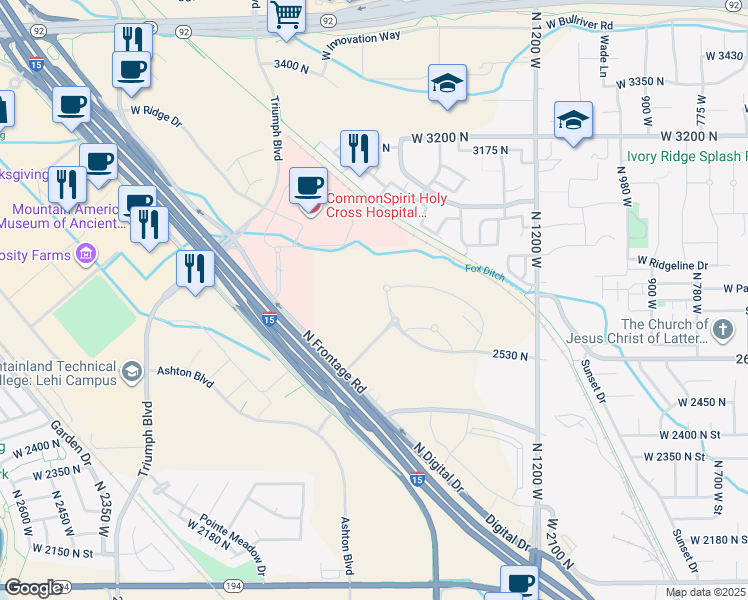 map of restaurants, bars, coffee shops, grocery stores, and more near 1601 Slipstream Avenue in Lehi