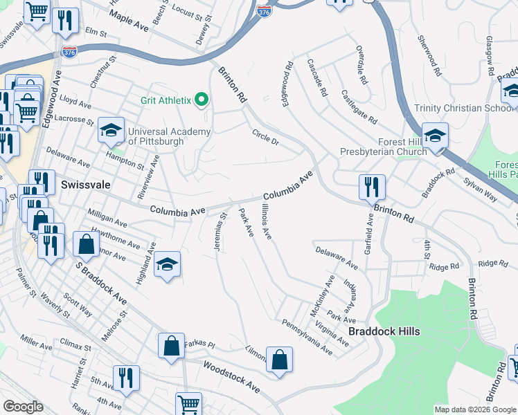 map of restaurants, bars, coffee shops, grocery stores, and more near 986 Illinois Avenue in Pittsburgh