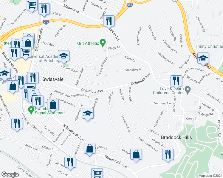 map of restaurants, bars, coffee shops, grocery stores, and more near 2522 Columbia Avenue in Pittsburgh