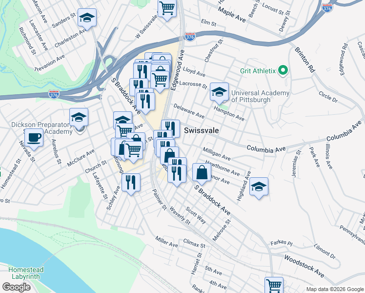 map of restaurants, bars, coffee shops, grocery stores, and more near 7618 Westmoreland Avenue in Pittsburgh