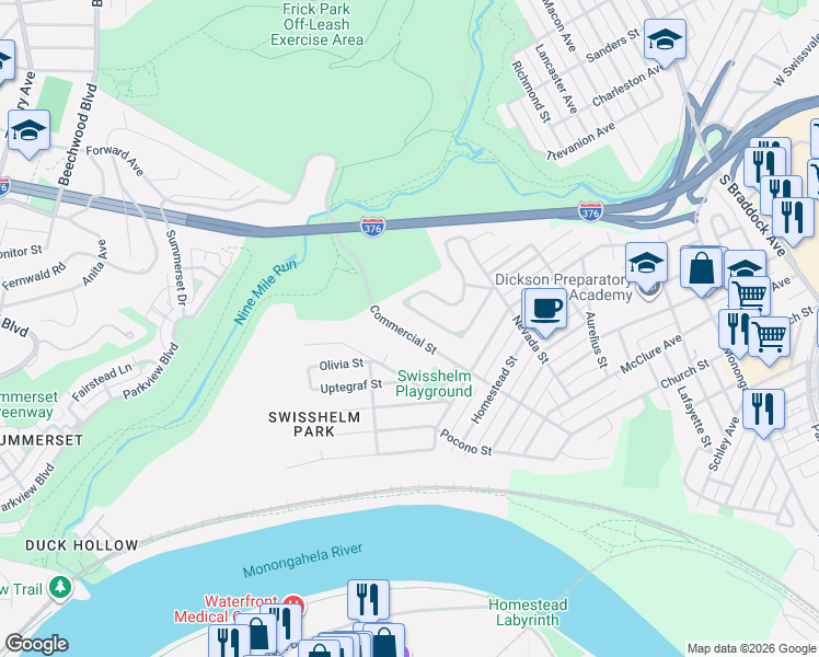 map of restaurants, bars, coffee shops, grocery stores, and more near 1222 Commercial Street in Pittsburgh
