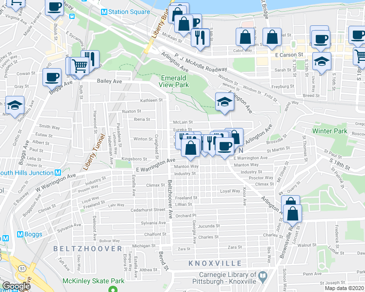 map of restaurants, bars, coffee shops, grocery stores, and more near 617 East Warrington Avenue in Pittsburgh