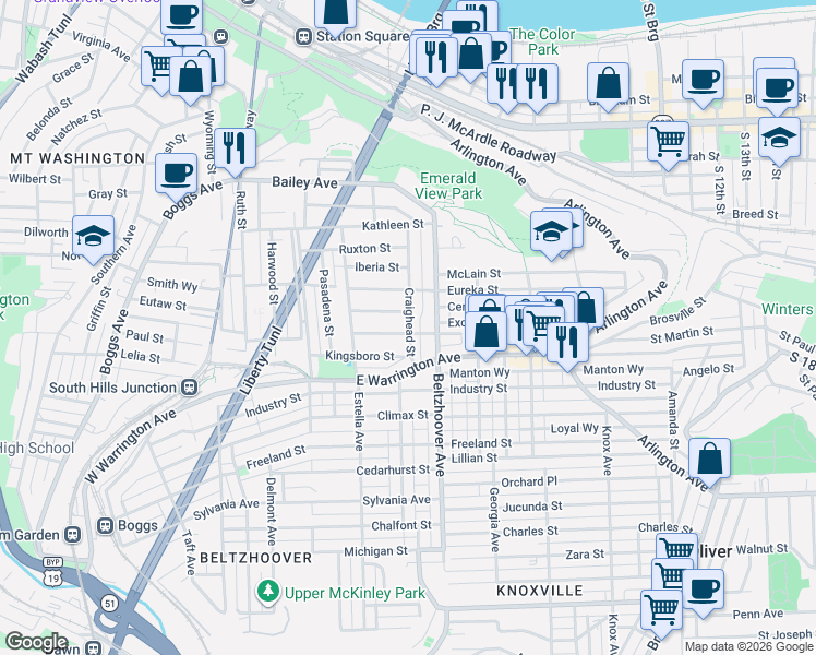 map of restaurants, bars, coffee shops, grocery stores, and more near in Pittsburgh