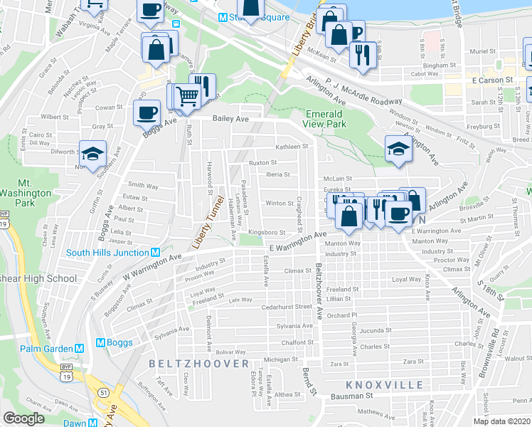 map of restaurants, bars, coffee shops, grocery stores, and more near 317 Kingsboro Street in Pittsburgh