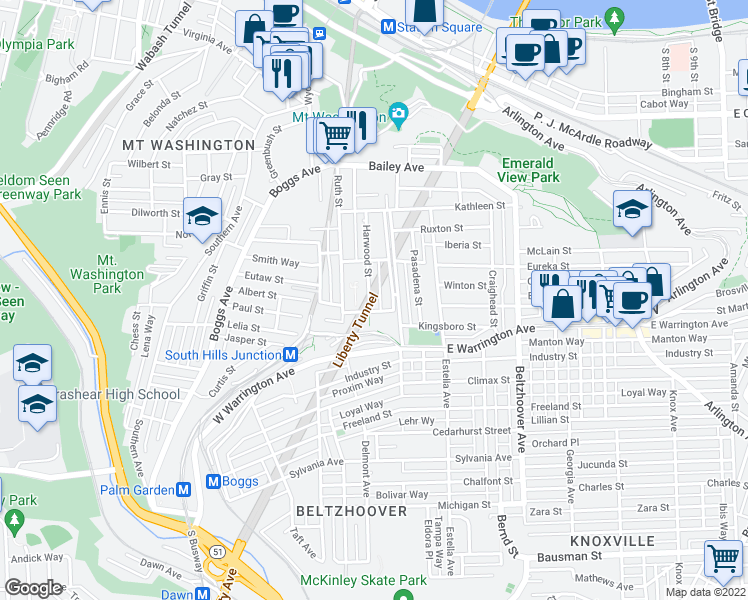 map of restaurants, bars, coffee shops, grocery stores, and more near 64 Secane Avenue in Pittsburgh