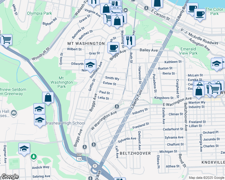 map of restaurants, bars, coffee shops, grocery stores, and more near 247 Lelia Street in Pittsburgh