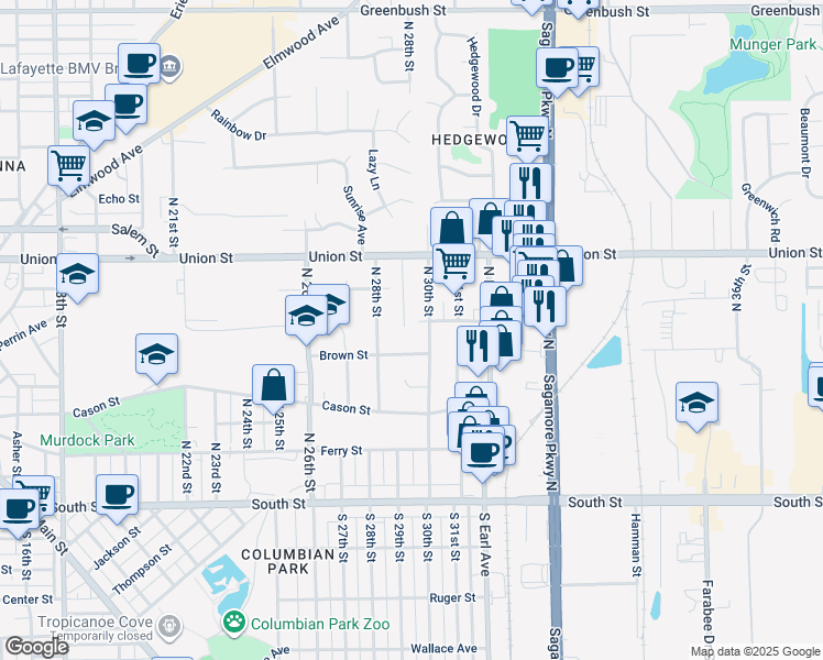 map of restaurants, bars, coffee shops, grocery stores, and more near 2910-2914 Brown Street in Lafayette