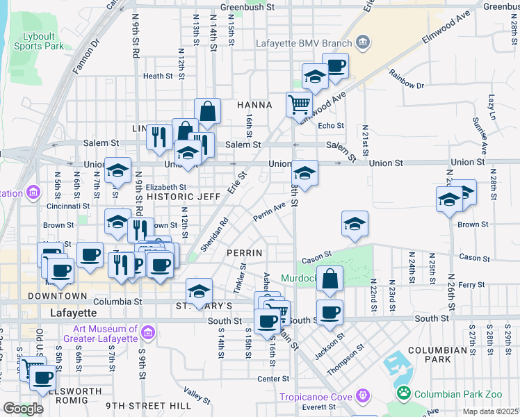 map of restaurants, bars, coffee shops, grocery stores, and more near 522 Perrin Avenue in Lafayette