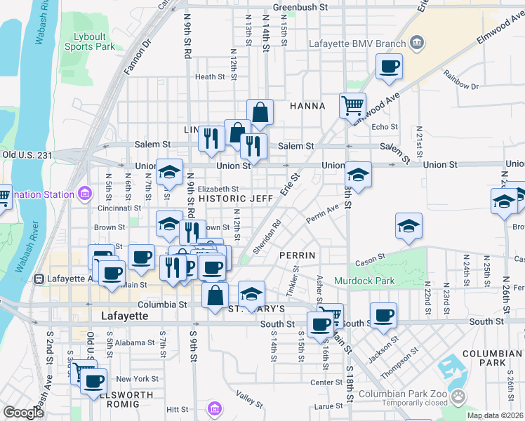 map of restaurants, bars, coffee shops, grocery stores, and more near 1300 Brown Street in Lafayette