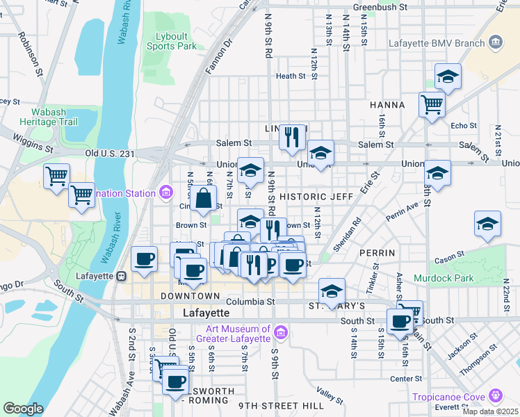 map of restaurants, bars, coffee shops, grocery stores, and more near 806 Brown Street in Lafayette