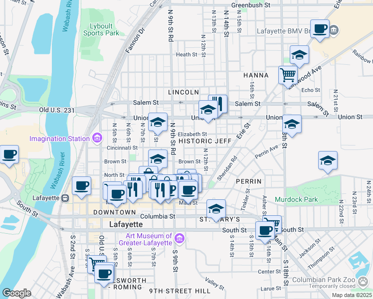 map of restaurants, bars, coffee shops, grocery stores, and more near 511 North 10th Street in Lafayette