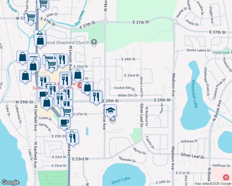 map of restaurants, bars, coffee shops, grocery stores, and more near 832 White Elm Drive in Loveland