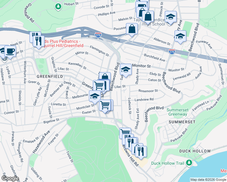 map of restaurants, bars, coffee shops, grocery stores, and more near 3478 Beechwood Boulevard in Pittsburgh