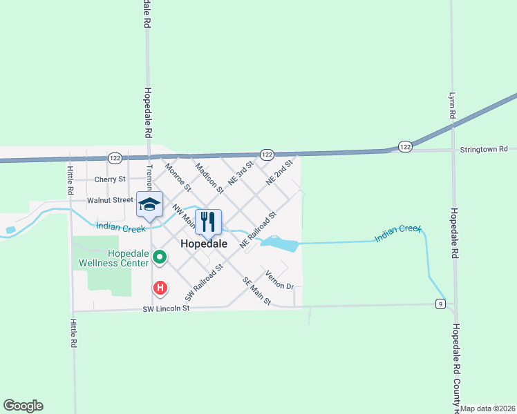 map of restaurants, bars, coffee shops, grocery stores, and more near 315 Northeast Railroad Street in Hopedale
