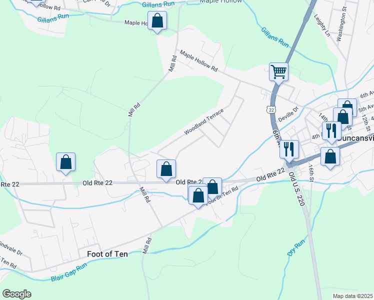 map of restaurants, bars, coffee shops, grocery stores, and more near 39 Aspen Lane in Duncansville
