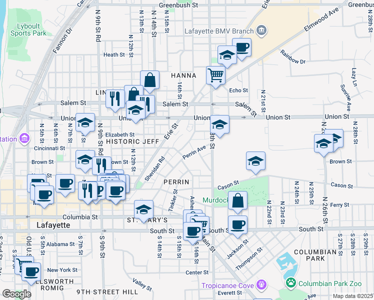 map of restaurants, bars, coffee shops, grocery stores, and more near 522 Perrin Avenue in Lafayette