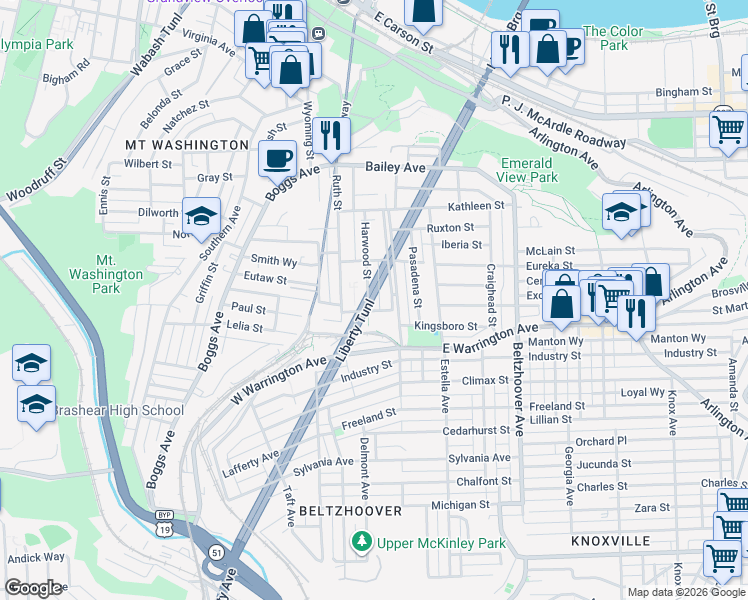 map of restaurants, bars, coffee shops, grocery stores, and more near 64 Secane Avenue in Pittsburgh