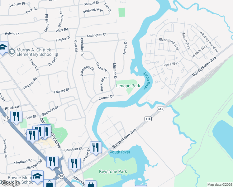 map of restaurants, bars, coffee shops, grocery stores, and more near 34 Cornell Drive in East Brunswick