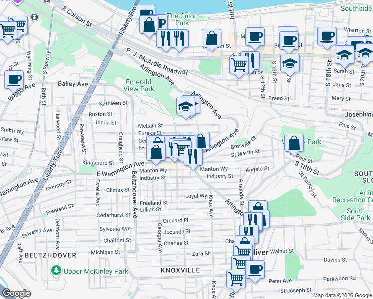 map of restaurants, bars, coffee shops, grocery stores, and more near 803 East Warrington Avenue in Pittsburgh