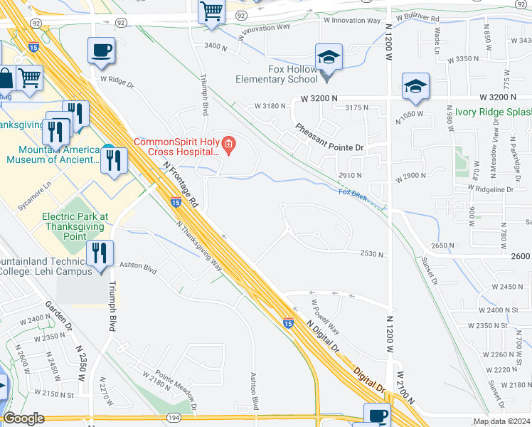 map of restaurants, bars, coffee shops, grocery stores, and more near 1601 Slipstream Avenue in Lehi