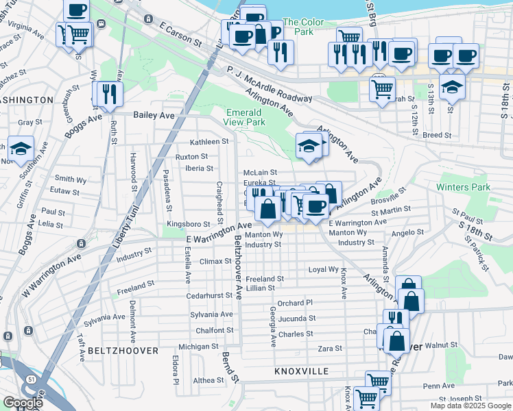 map of restaurants, bars, coffee shops, grocery stores, and more near 617 East Warrington Avenue in Pittsburgh