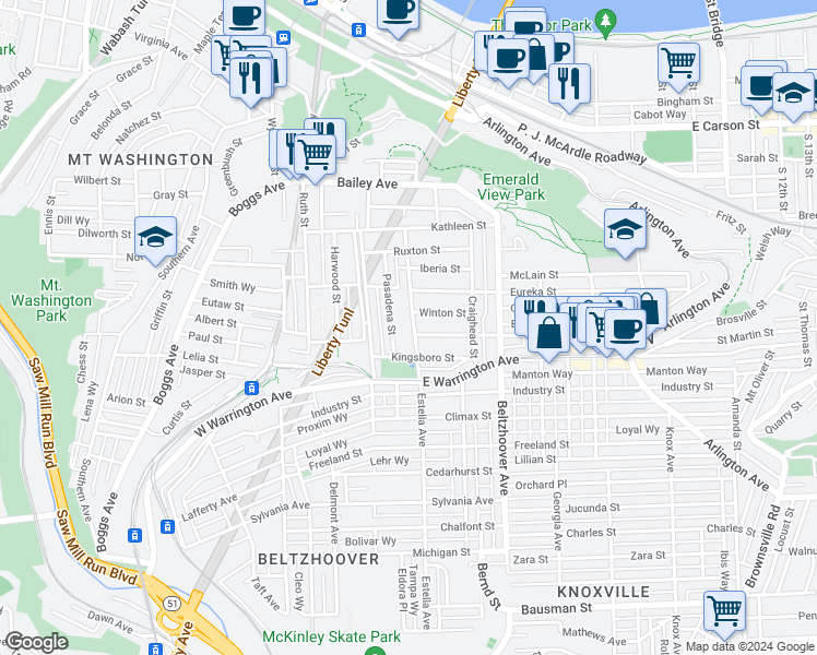 map of restaurants, bars, coffee shops, grocery stores, and more near 86 Estella Avenue in Pittsburgh