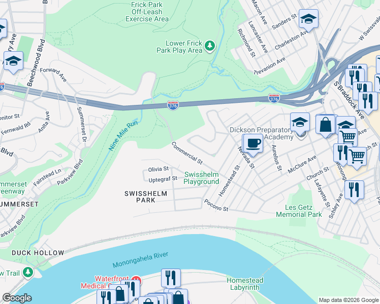 map of restaurants, bars, coffee shops, grocery stores, and more near 1222 Commercial Street in Pittsburgh