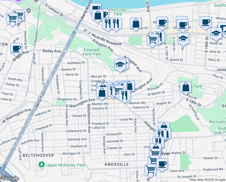 map of restaurants, bars, coffee shops, grocery stores, and more near 803 East Warrington Avenue in Pittsburgh