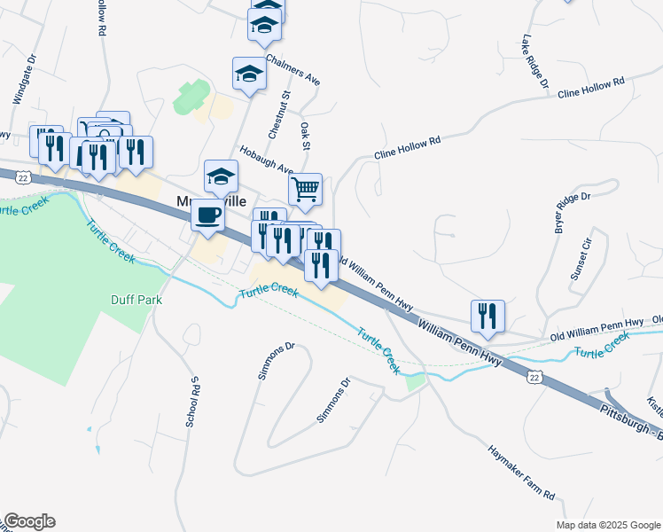 map of restaurants, bars, coffee shops, grocery stores, and more near 4900 William Penn Highway in Murrysville