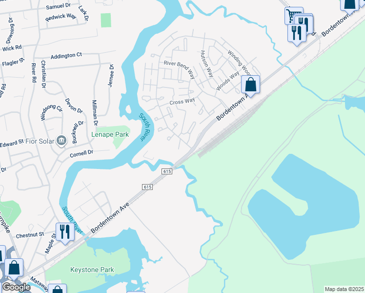 map of restaurants, bars, coffee shops, grocery stores, and more near 1 Winding Wood Drive in Sayreville