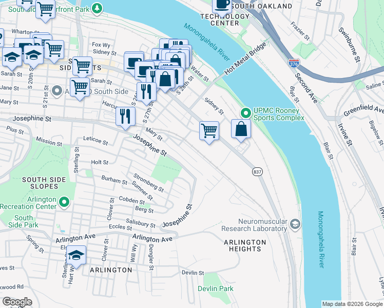 map of restaurants, bars, coffee shops, grocery stores, and more near 3031 Josephine Street in Pittsburgh