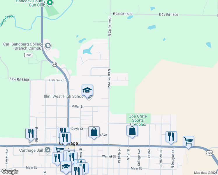 map of restaurants, bars, coffee shops, grocery stores, and more near 781 North Co Road 1950 in Carthage