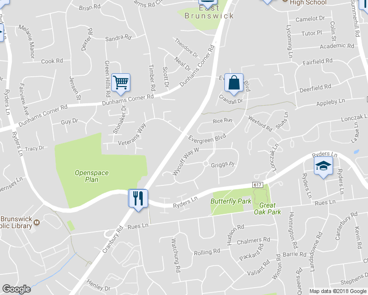 map of restaurants, bars, coffee shops, grocery stores, and more near 329 Wycoff Way West in East Brunswick