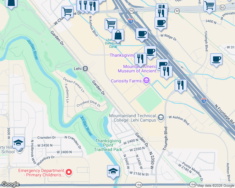 map of restaurants, bars, coffee shops, grocery stores, and more near 2801 Ashton Boulevard in Lehi