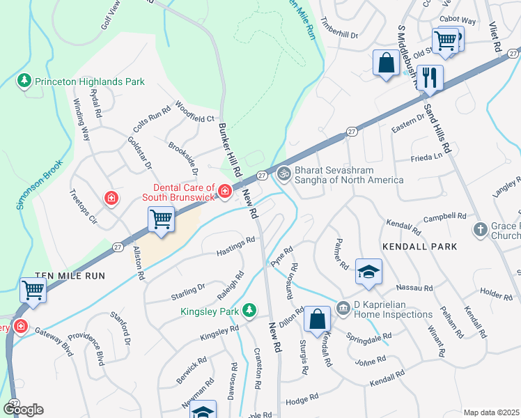 map of restaurants, bars, coffee shops, grocery stores, and more near 19 New Road in South Brunswick Township
