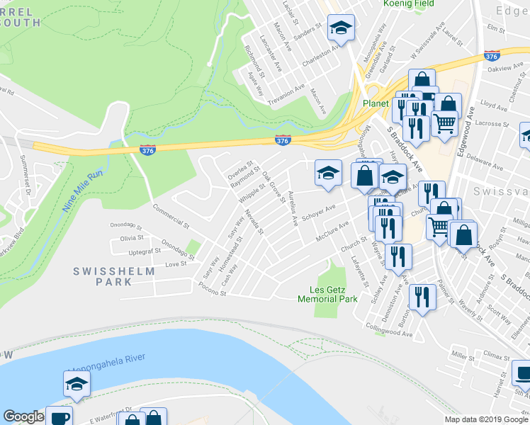 map of restaurants, bars, coffee shops, grocery stores, and more near 7107 Harrison Avenue in Swissvale