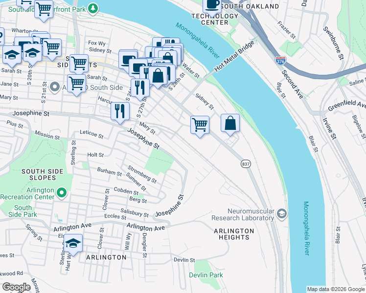 map of restaurants, bars, coffee shops, grocery stores, and more near 3031 Josephine Street in Pittsburgh
