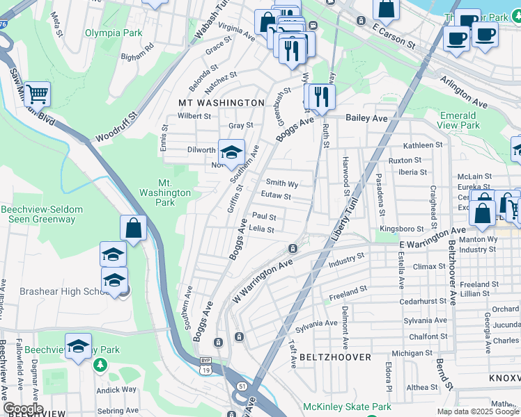 map of restaurants, bars, coffee shops, grocery stores, and more near 247 Lelia Street in Pittsburgh