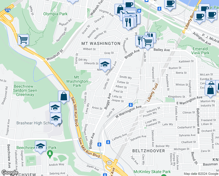 map of restaurants, bars, coffee shops, grocery stores, and more near 541 Boggs Avenue in Pittsburgh