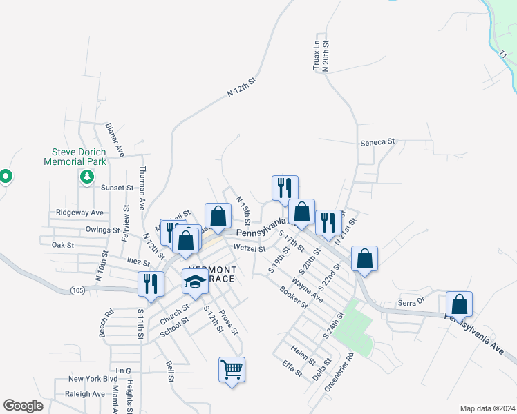 map of restaurants, bars, coffee shops, grocery stores, and more near in Weirton