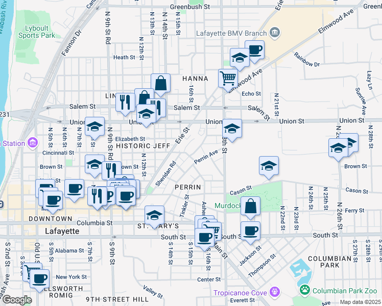 map of restaurants, bars, coffee shops, grocery stores, and more near 522 Perrin Avenue in Lafayette