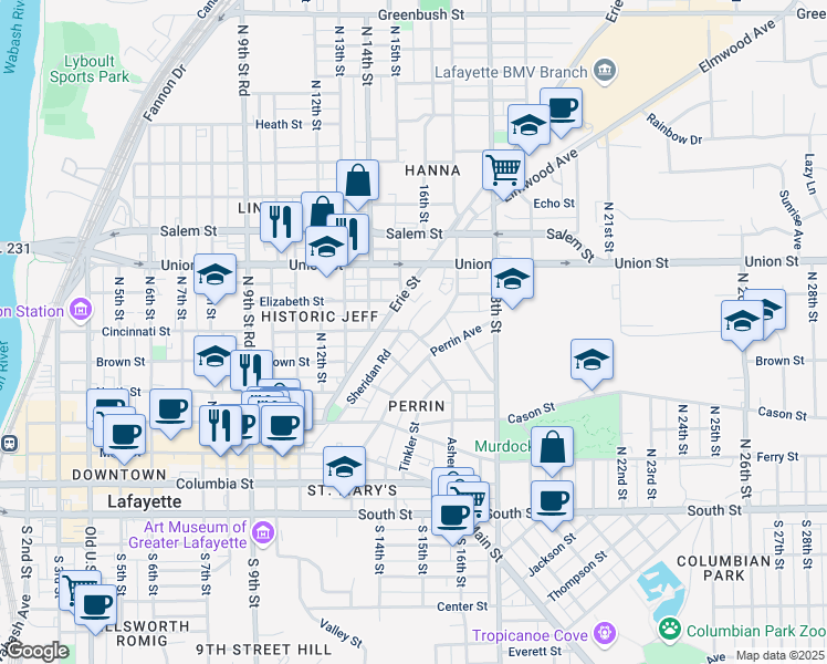 map of restaurants, bars, coffee shops, grocery stores, and more near 522 Perrin Avenue in Lafayette