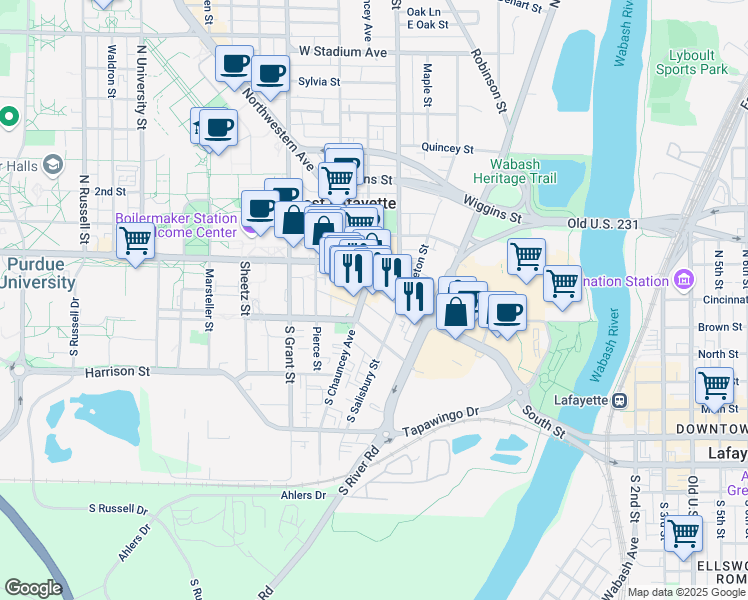 map of restaurants, bars, coffee shops, grocery stores, and more near 122 West Wood Street in West Lafayette