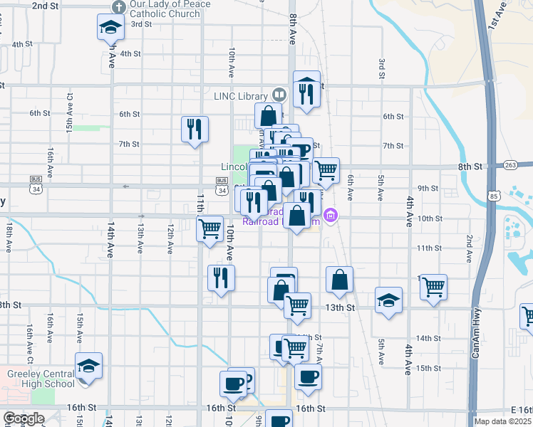 map of restaurants, bars, coffee shops, grocery stores, and more near 1010 9th Avenue in Greeley
