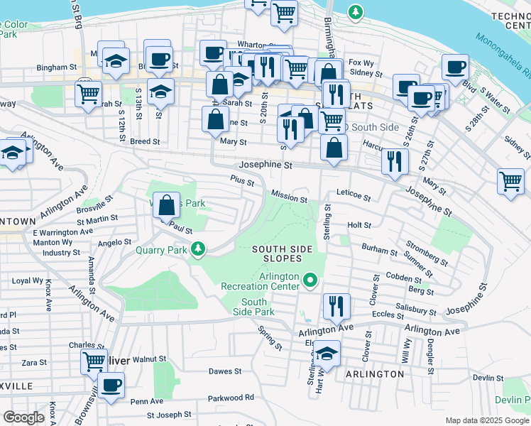map of restaurants, bars, coffee shops, grocery stores, and more near 230 South 21st Street in Pittsburgh