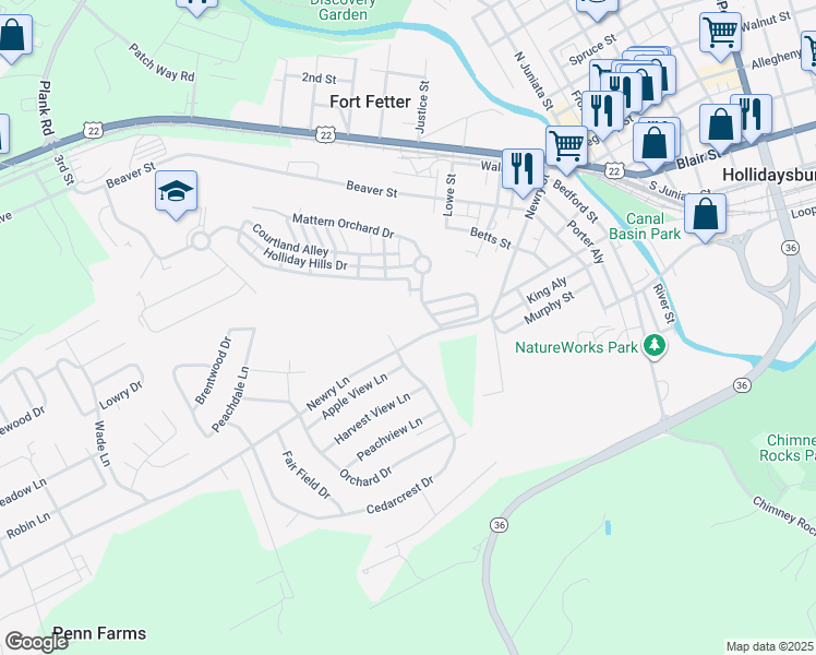 map of restaurants, bars, coffee shops, grocery stores, and more near 590 Newry Lane in Duncansville