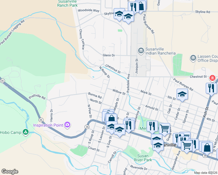 map of restaurants, bars, coffee shops, grocery stores, and more near 275 North Roop Street in Susanville