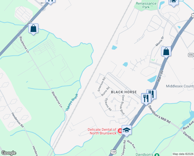 map of restaurants, bars, coffee shops, grocery stores, and more near 22 Twain Road in North Brunswick Township